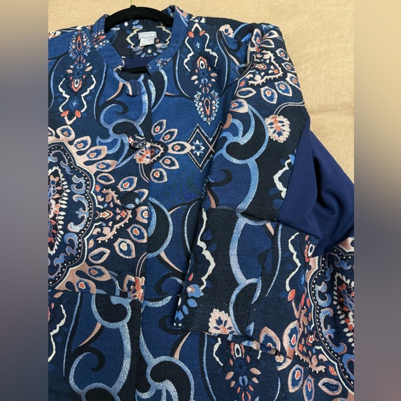 CHICOS 4 (US 20/22)jacquard embroidered topper jacket blue metallic lined boho - Picture 6 of 15